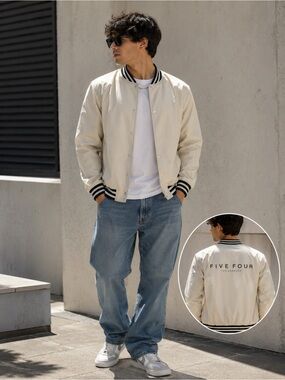 Streetwear Y2K Five Four Cream Nylon Varsity Jacket Size L
